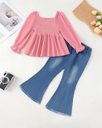 Image of XUANHAO Toddler Girls Clothes Puff Sleeve Smocked Shirt Flare Jeans Pant Outfits for Girl Bell Bottom Kids Girls Clothing Set