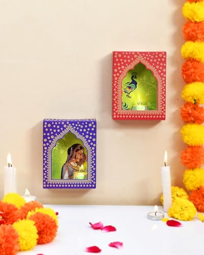 Image of Diwali Decoration Items- Set of 12 LED Jharakho Diya Box, LED candles Wall Hanging Home Decor,Diwali Decor Festive Decor Items, DIY Craft Traditional Jharokha Box for Hanging