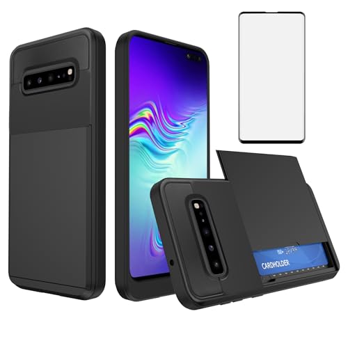 Asuwish Phone Case for Samsung Galaxy S10 5G with Tempered Glass Screen Protector Cover and Card Holder Slot Hybrid Full Body Protective Shockproof Cell Accessories S105G S 10 G5 Women Men Black