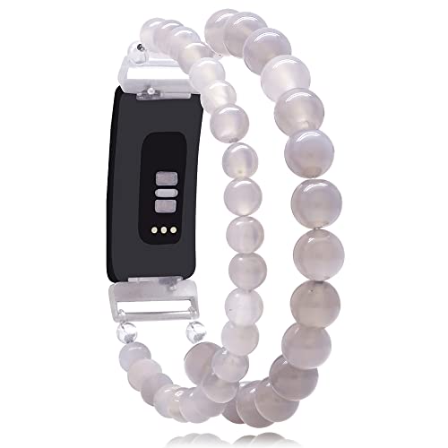 C&L Accessories Compatible with Fitbit Inspire/Inspire HR Bands for Women Girls, Beaded Bracelet Adjustable Gemstone Replacement Wristband Straps for Fitbit Inspire/Inspire HR (Grey Agate)