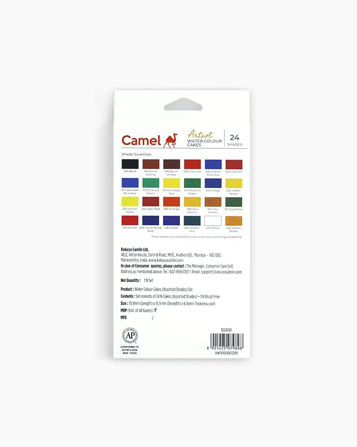 Image of Camel Artist Water Colour Cakes Set of 24 Shades | Premium Watercolour Paint Cakes for Artists, Students & Hobby Painting | Rich Pigmented Water Colours for Paper, Sketching, Illustration & School Art