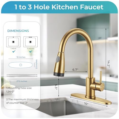 Image of LED Kitchen Faucet with Pull Down Sprayer - Brushed Gold Single Handle Kitchen Faucets, High Arc Stainless Steel Pull Out Kitchen Sink Faucet with Deck for RV Laundry Farmhouse Bar