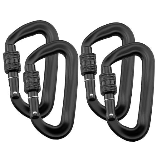 Intirilife Set de 4 mosquetones 12 kN 1200 kg Negro - 8.2 x 4.6 x 1.5cm - Mosquetón de Rosca en Forma de D, Cierre Giratorio, Gancho para hamacas, Camping, Senderismo, Correa de Perro, Llavero