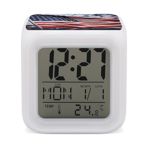 Reloj despertador bandera EE UU con luz LED de 7 colores y temperatura para mesita de noche 2