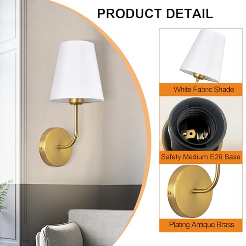 Image of Antique Brass Hardwired Wall Sconce Set of 2 - Gold Finish with White Fabric Shades，Bedroom Lighting, Living Room, Farmhouse, Fireplace, Hallway, Bedside Lamp,Bathroom Wall Lights