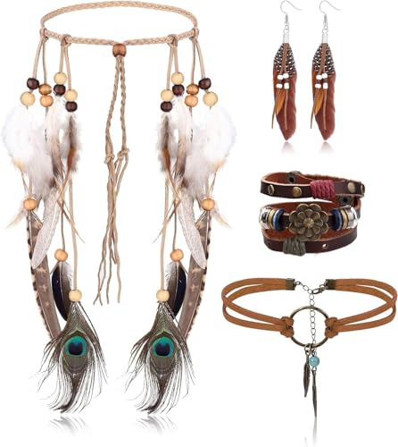 CASSIECA 4Pcs Bohemio Joyería para Mujer Boho Pendientes Plumas Collar Gargantilla Cuero Diadema Plumas de India Boho Bead Pulsera Cowgirl Joyería India para Mujeres Festival Accesorios