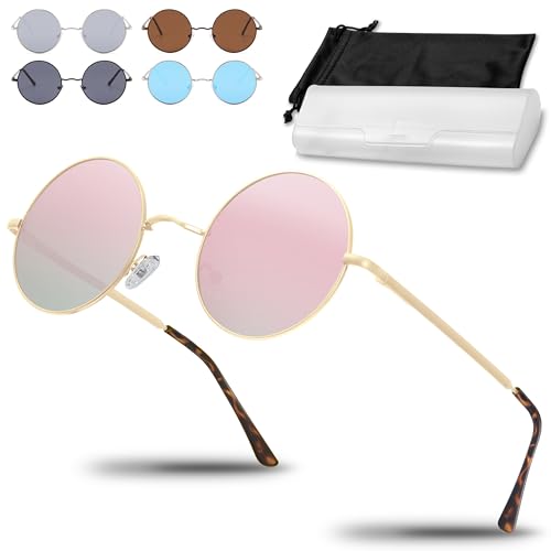 Netrox - Runde Sonnenbrille im Retro-Stil mit Metallrahmen + Etui und Microfaserbeutel - UV400-Schutz - Vintage Unisex Herren und Damen - Sonnenbrillen, Gläser verspiegelt, Sunglasses, rund, pink