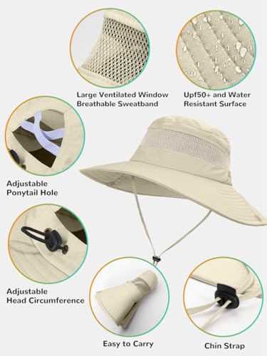 Image of EW East Water Sun Beach Hat for Women, UPF50+ Waterproof with Ponytail Hole