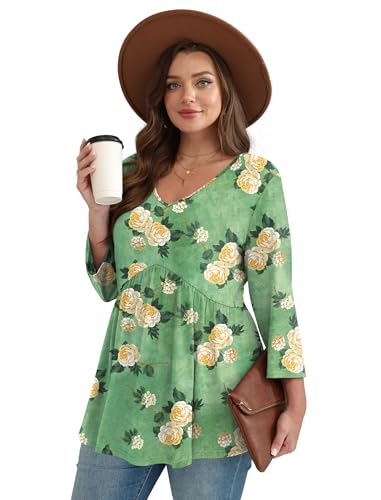 Image of OFEEFAN 3 /4 Length Sleeve Womens Tops 2026 Blouses for Women Dressy Casual Fashion Clothing V Neck Babydoll Tops Fall Outfits