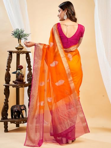 Image of Satrani Women's Organza Sequins Embroidery Jacquard Saree with Unstitched Blouse Piece