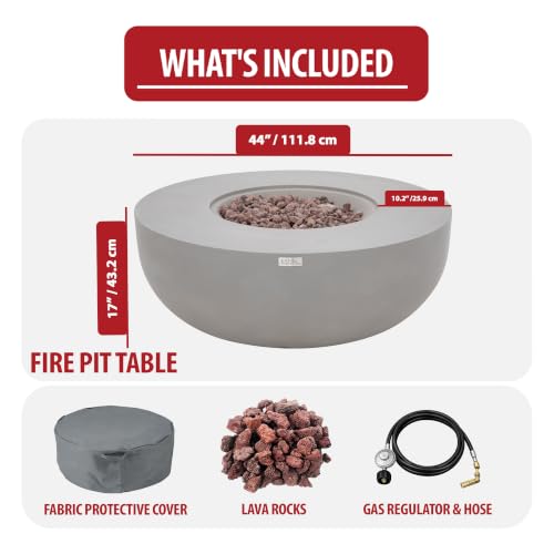 Image of AMS Creations | Eclipse 44 inch Round Cast Concrete Natural Gas Fire Pit Bowl Table | Light Gray | Smooth Texture Surface | Electronic Ignition | Outdoor Patio Heater Outside Backyard Fireplace