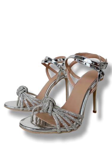 Frankie Hsu Ladies Girl Crystal Gems Strappy Stiletto High Heeled Sandals, Silver Patent Rhinestone Bow Knot, Big Large Size US5-19 Unisex Shoes For Women Men