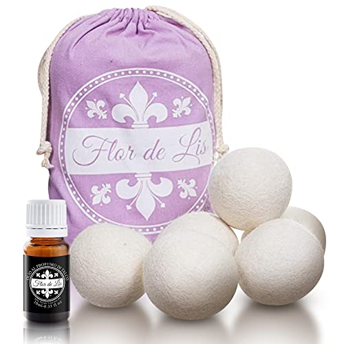 Flor De Lis Boule de Laine pour Sèche-Linge Avec Adoucissant à l'Huile de Talc - 6 Pièces, Laine Mérinos de Nouvelle-Zélande, 10ml Parfum Poudre Bébé - Réutilisables jusqu'à 1100 Fois Cover