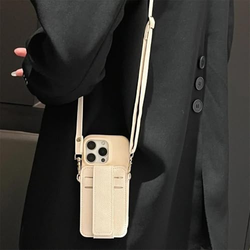 Étui iPhone 15 Plus blanc avec porte-cartes et dragonne pour un quotidien simplifié