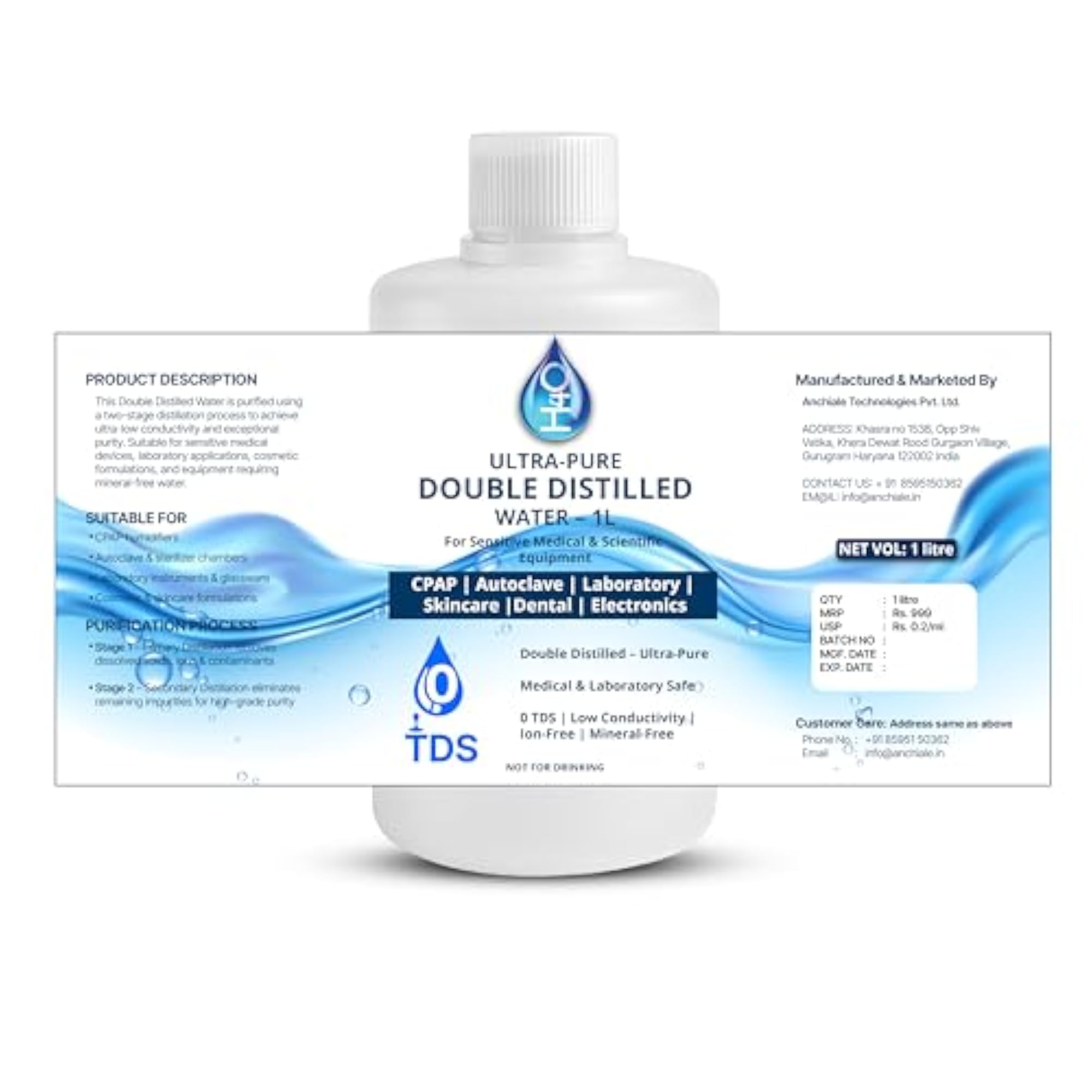 Ultra-Pure Lab Double Distilled Water (1Ltr)