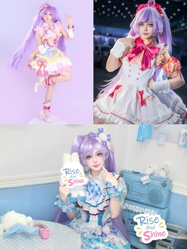 Image of Half and Half Long Light Purple Anime Ponytail Wig 37.4'' Vibrant Purple Twin Tails Cosplay Wigs with Bangs Acrylic Fiber Hair Wigs for Women Halloween Party Costumes