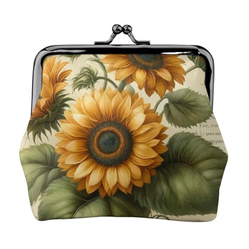 Pu Leather Buckle Coin Purse Vintage-Sunflower-Floral Girls Kiss-Lock Change Purse Wallets