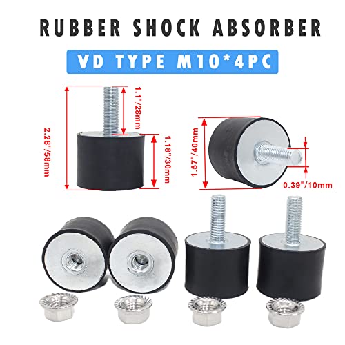 M10 Rubber Studs Shock Absorber Anti-Vibration Isolator Mounts, Rubber Cylindrical Vibration Isolation Mount For Air Compressors, Garage Motor, Diesel Engines(With Non-Slip Nuts, 4 Pack Double Stud) #TOP3
