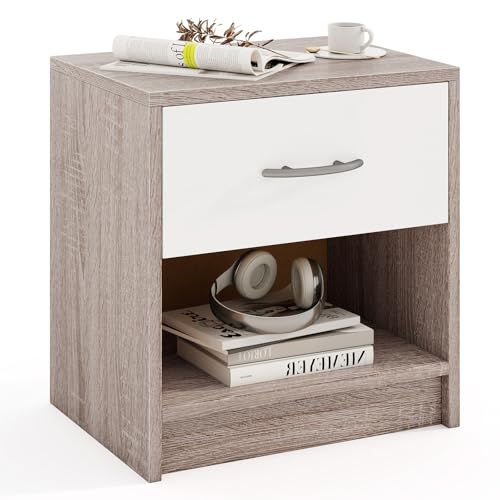 COSTWAY Bedside Table, Wooden Nightstand Sofa Side Table with Drawer & Open Storage Shelf, Modern Small Bedside Cabinet Accent End Table for Living Room Bedroom, 38x28x40cm (Light Gray + White)