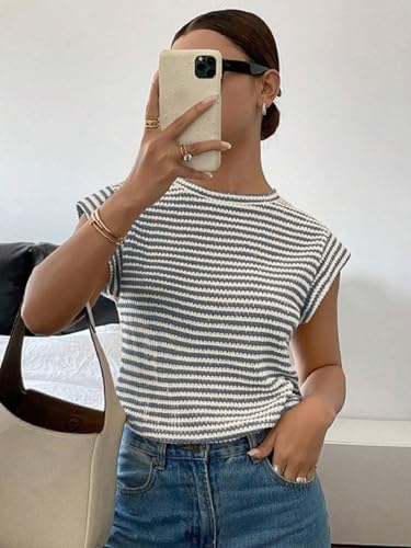 Image of Jawdrobe Women's Striped Western Top Round Neck Cap Sleeve T-Shirt for Women
