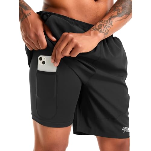 Souke Sports Men's 2 in 1 Workout Running Shorts 7" Quick Dry Gym Athletic Shorts Liner Zipper Pockets3