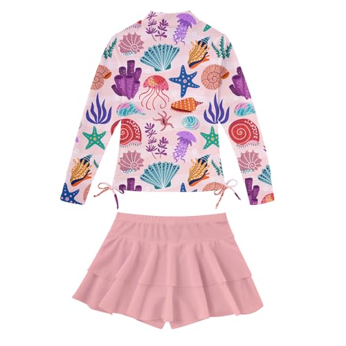 Image of Vogseek 3-12T Girls Rash Guard 2 Pieces Bathing Suit Long Sleeve Swimsuit Swimming Skirt with Shorts Swimwear