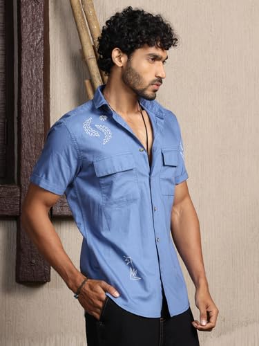 Image of Thomas Scott Men's | Embroidered Printed | Half Sleeve | Regular Fit | 100% Cotton | Double Pocket | Spread Collar | Casual Shirt