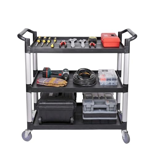 Image of Restaurantware RW Clean 40.2 x 19.7 x 37.8 Inch Utility Cart 1 Rolling Cleaning Cart - Large 4 Shelves Black Plastic Rolling Cart Heavy-Duty For Organization Or Storage