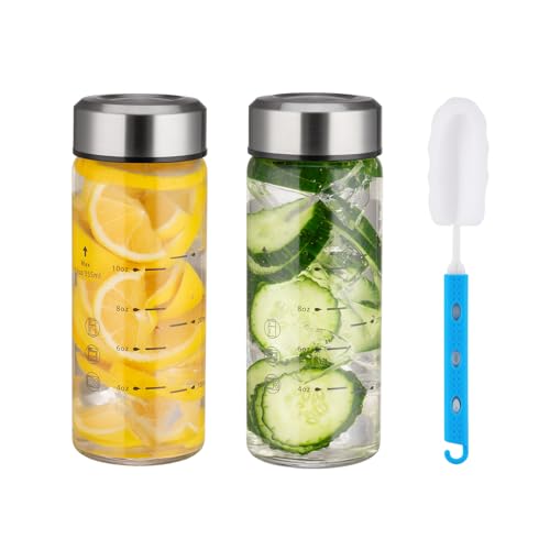 weasland Glass Juice Bottles 12oz - 2 Pack Wide Mouth Water Bottles with Lids for Juicing Reusable...