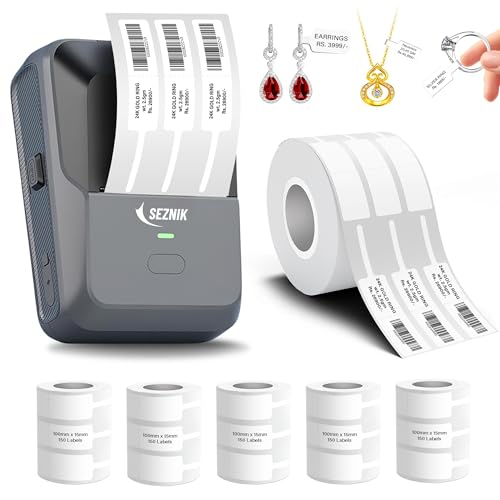 Image of SEZNIK Josh Bluetooth Thermal Label Printer Bundle with Waterproof 14.3 mm x 100 mm Jewellery Labels (750 Labels, 5 Rolls) | Inkless Direct Thermal Printing | Android & iOS Compatible