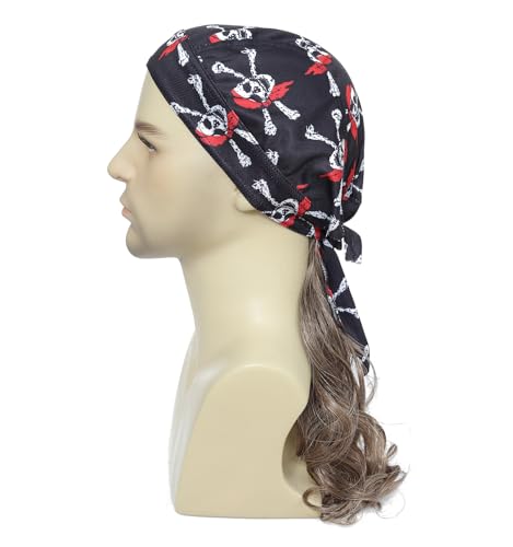 Image of Men's Pirate Wig with Integrated Bandana, Long Curly Synthetic Wig, Skull Print Bandana Pirate Costume Wig for Halloween, Cosplay and 80s Theme Party (Light Brown)