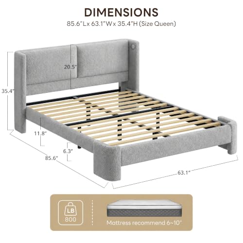 Image of LIKIMIO Queen Bed Frame with USB Ports & Wingback Headboard, Grey | Boucle Upholstered Platform Bed, Sturdy Slat Frame, No Box Spring Needed, Fits Living Room and Apartment.