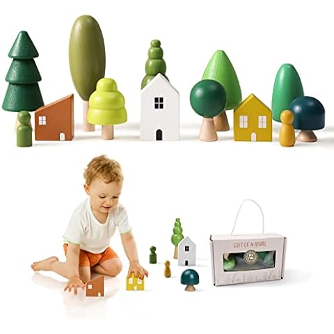 Macabaka Wooden Forest House 12 Pieces Mini Wooden Tree Toy Set with Stacking Blocks for Cake Topper Decor, Natural Wooden Preschool Educational Montessori Toys Cover