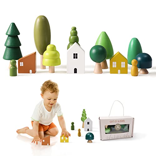 Promise Babe Wooden Tree Toys - Montessori Wooden Blocks Stacking Toys for Toddlers Miniature Trees & House Various Sizes Woodland Creative Craft Home Decor