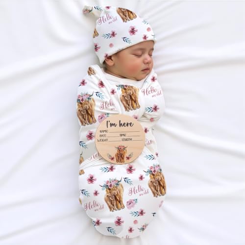 Image of Ylsteed Baby Highland Cow Swaddle Blanket and Headband Set, Newborn Receiving Blanket Swaddle Wrap for Girls and Boys, Swaddling Blankets Neutral for Newborn 32 * 32 in (Highland Cow Pink)