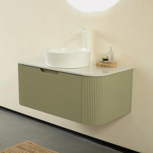 Image of KEIKI 36 inch Bathroom Vanity Cabinet with Sink Combo, Wall Mounted Curved Edges Striped Floating Bathroom Vanity with Soft-Close Drawer, White Round Ceramic Basin Without Faucet, Light Green