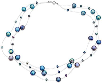 Shades of Grey Blue Multi Strand Fishing Line Freshwater Cultured Pearl Illusion Necklace For Women Wedding Bridesmaid Formal Party