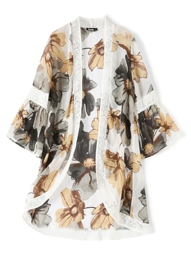ZANZEA Cárdigan tipo kimono para mujer, bohemio, estampado floral, para playa, manga 3/4, de gasa, para bikini, pareo, chal, Encaje Blanco, L