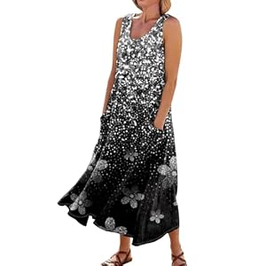 Robe Longue Femme Robe Longue Femme Casual avec Poche Vintage Fleurie Robe Boheme Grande Taille Fluide Chic Ete Doux Lin Robe Ete Femme Mi Longue Black XXL