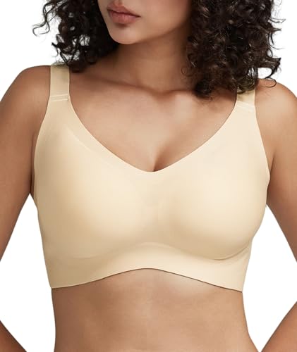 Redgray Women's Minimizer Bra No Underwire Full Coverage Wireless Jelly Bra Plus Size Seamless T-Shirt Bra (38D,Nude)