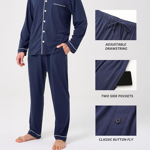 Image of BAMBOO COOL Mens Pajama Set Bamboo Viscose Cotton Soft Lightweight Loungewear Sleepwear Long Sleeve and Pants with Pockets