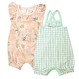 HonestBaby Multipack Strappy Romper Sets and Dresses 100% Organic Cotton for Infant Baby and Toddler Boys, Girls, Unisex, Peach Blossom Floral, 6-9 Months
