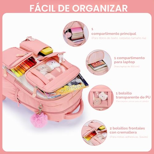 Miniatura 4 de Amythe Mochila Escolar Niña, Mochilas Primaria Escolares Transpirable Para Infantil Niñas De 8 10 12 Años, Kawaii Mochila Chicas Colegio Con Colgante, Rosa