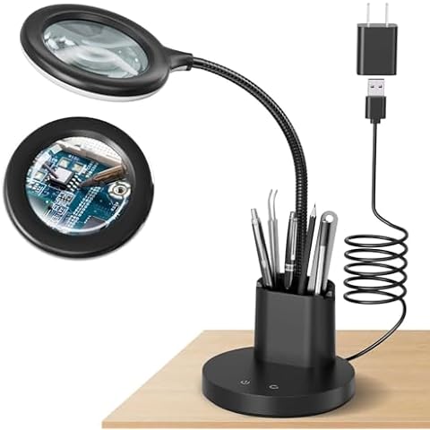 Vicsoon 5X Magnifying Glass with Light and Stand, 3 Color Modes Stepless Dimmable LED Lighted Desk Lamp, Hands Free for Craft Reading Painting Hobby Close Work Cover