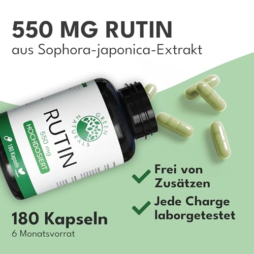 Green Naturals® Rutin 500 mg pro Kapsel – aus Sophora japonica (95% Rutin) – Bioflavonoid, vegan & ohne Zusätze, ohne Magnesiumstearat – Made in Germany, laborgeprüft – 180 Kapseln, 6 Monate