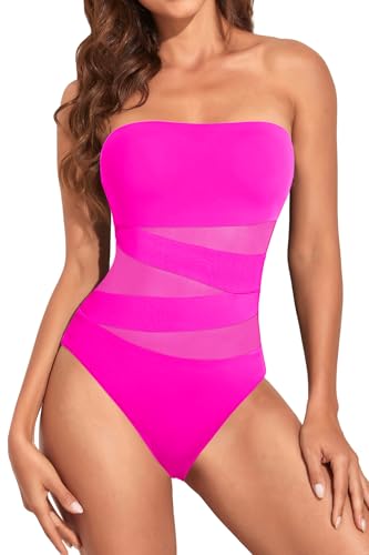 Image of Holipick Women Sexy One Piece Swimsuit Strapless Bathing Suits | Bandeau Neckline, Mesh Cutout Design, Push Up Removable Pads, High Cut, Removable Straps, Pool Beach Cruise Resort