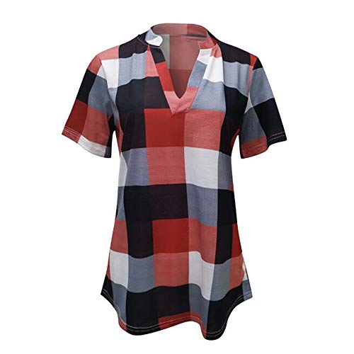Preisvergleich Produktbild FrüHling Und Herbst Frauen Bedruckt V-Ausschnitt Loose Plaid Splicing Shirt Kurzarm Top T-Shirt