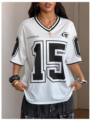 Image of SOLY HUX Jersey Shirts for Women Number Graphic Print V Neck Baggy Tees Hip Hop Streetwear
