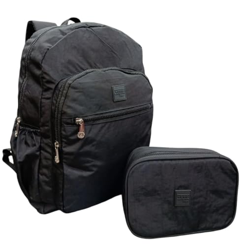 Kit Mochila de Costas e Estojo Box Organizador Crinkle Feminino Fashion Escolar Faculdade (Preto)