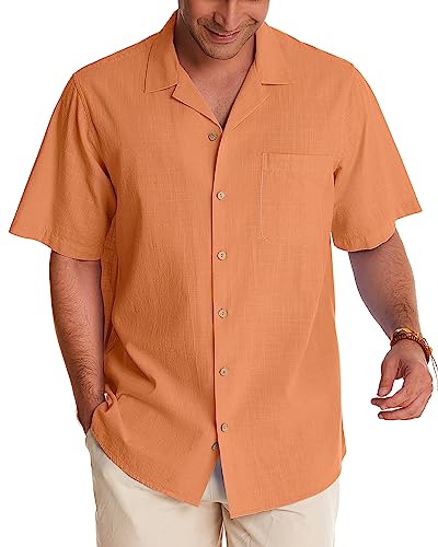 Image of Alimens & Gentle Mens Linen Shirts Cotton Hawaiian Shirts Short Sleeve Button Down Shirts Casual Summer Beach Tops